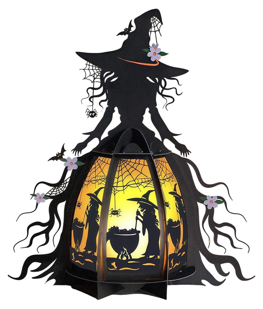 Halloween-Hexenlaterne, 3D-Grusellaterne, beleuchtete Tischdekoration, gotische Fledermaus-Totenkopf-Hexenlampe für Kaminsims, Eingangsbereich, Ti...