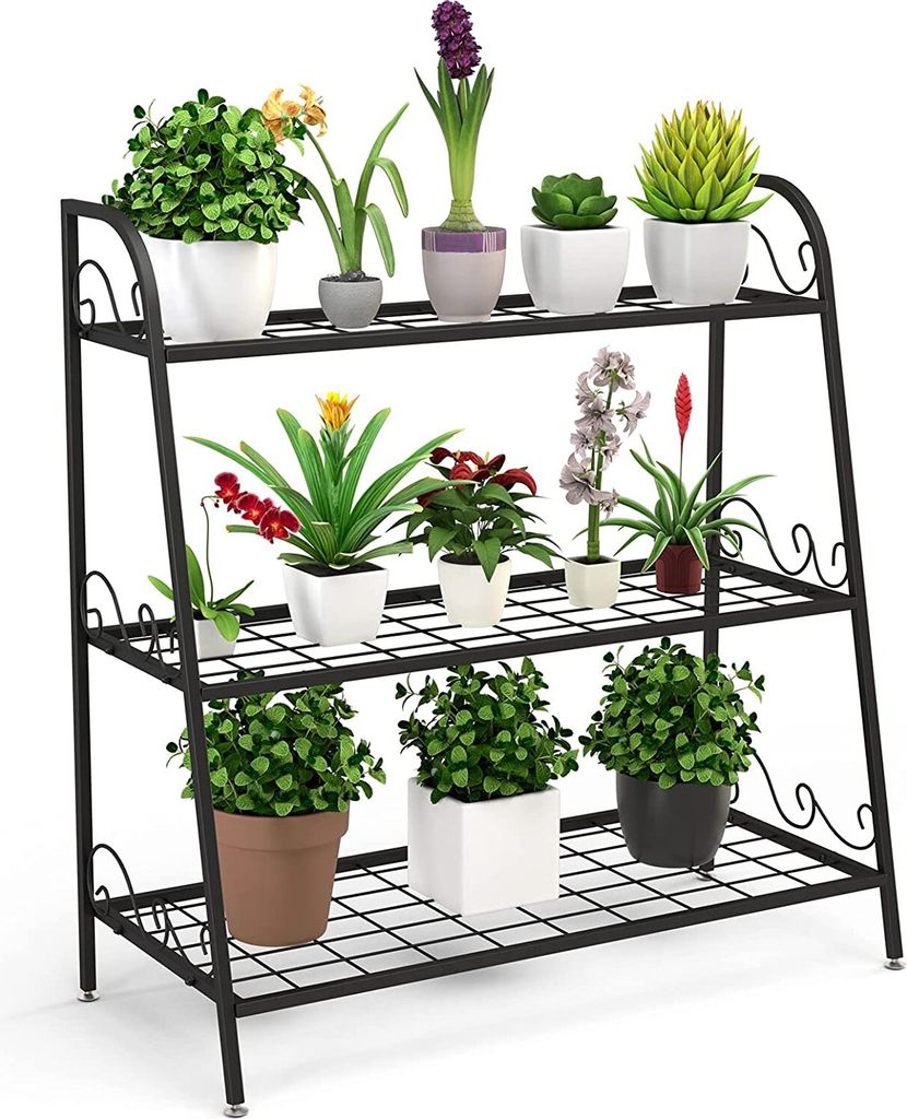 GOPLUS 3 Ebenen Metall Pflanzenständer, Blumentreppe Outdoor, Blumenregal Pflanzentreppe für Garten Balkon, schwarz (81 x 35 x 82cm (LxBxH))