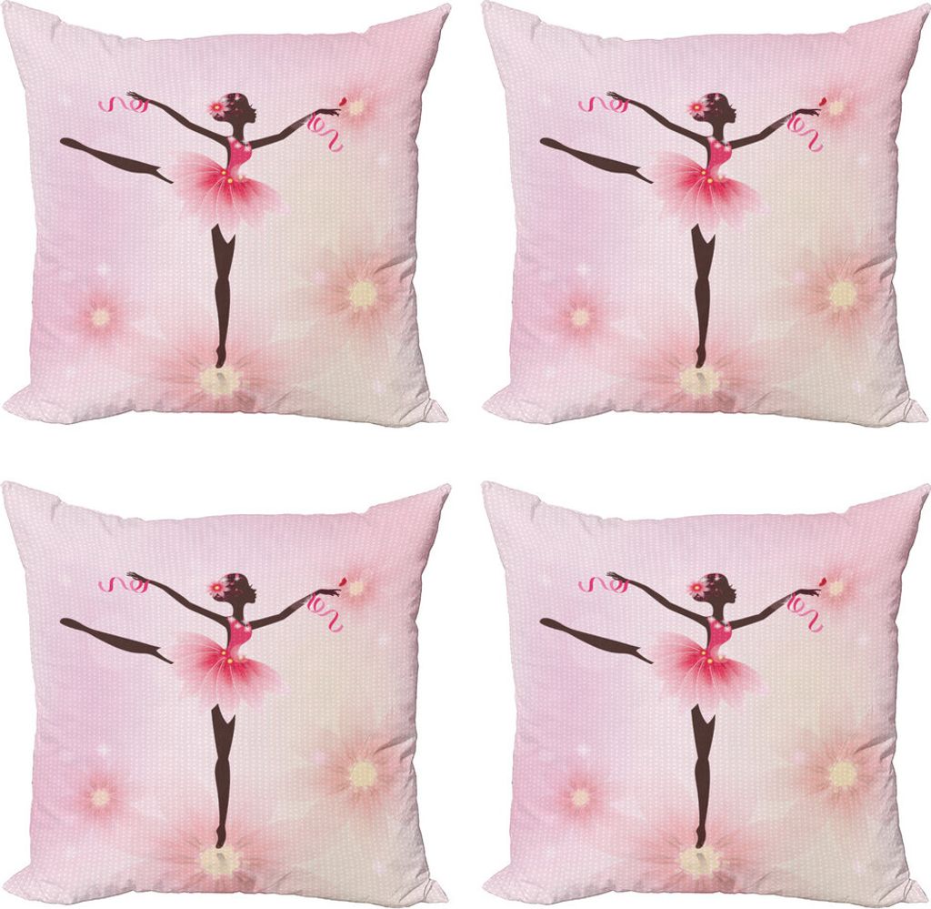 ABAKUHAUS Mädchen Kissenbezug Set (4 Stück), Ballerina Silhouette, Moderner Doppelseitiger Digitaldruck, 50 cm x 50 cm, Rosa Umber und Blassrosa