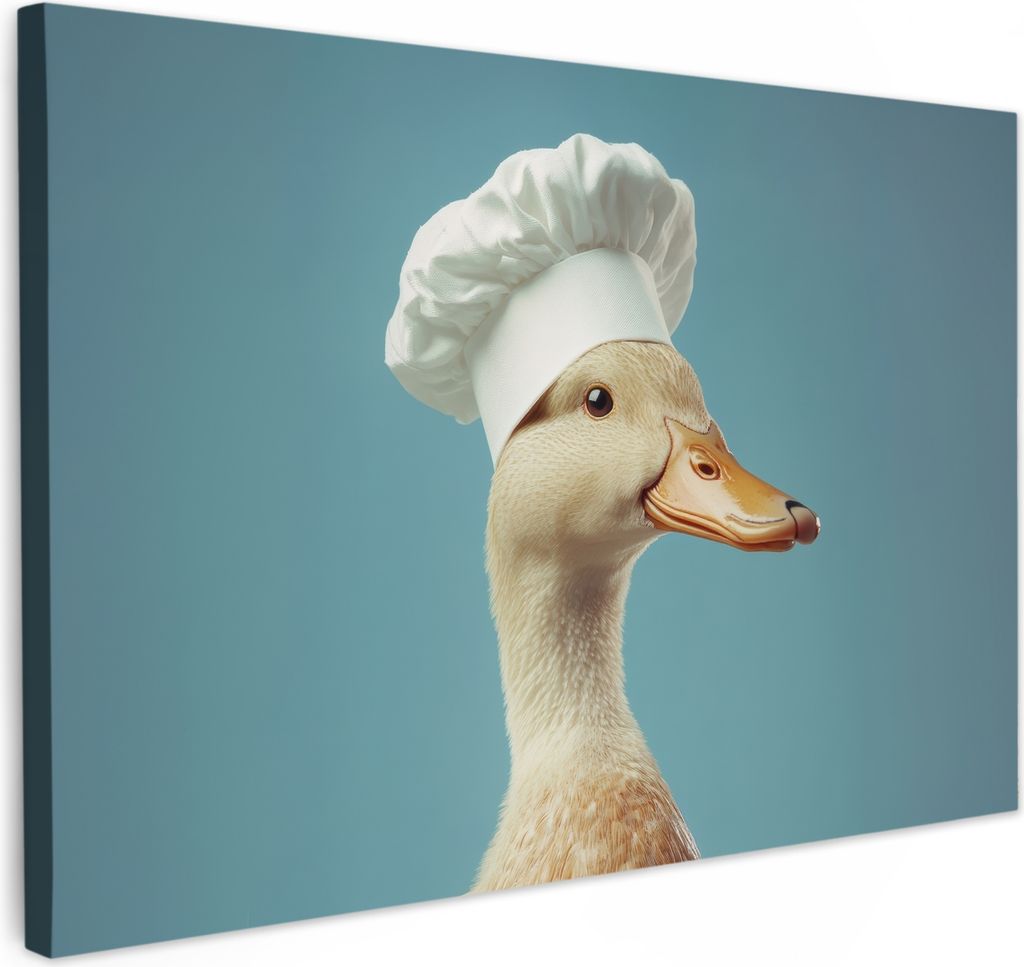 Wanddeko 60x40 cm - Vogel - Kochmütze - Ente - Blau, Leinwand Bilder, Wanddeko, Gemälde