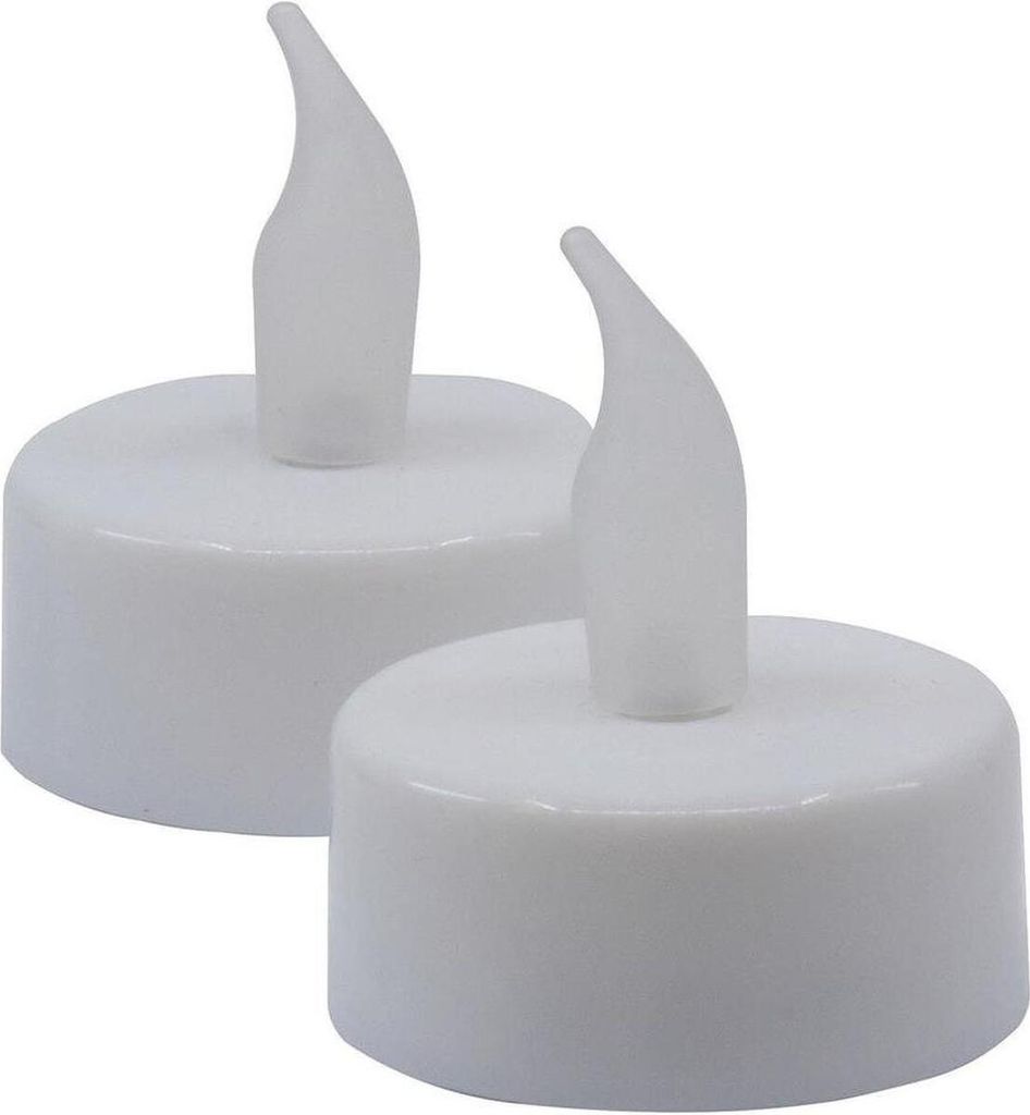 Two white LED tea lights with a flame-shaped light.