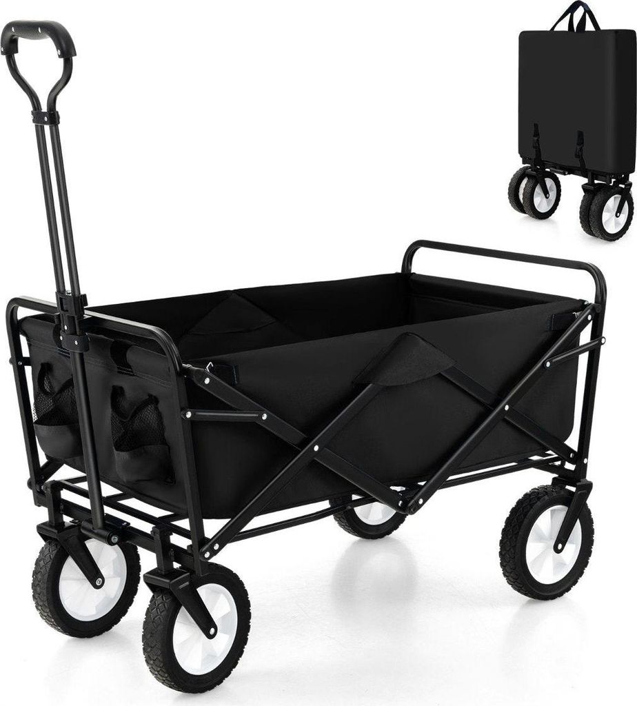 Faltbarer Bollerwagen mit Verstellbarem Griff & Getränkehaltern bis 68 kg Belastbar für Einkaufen Camping Schwarz