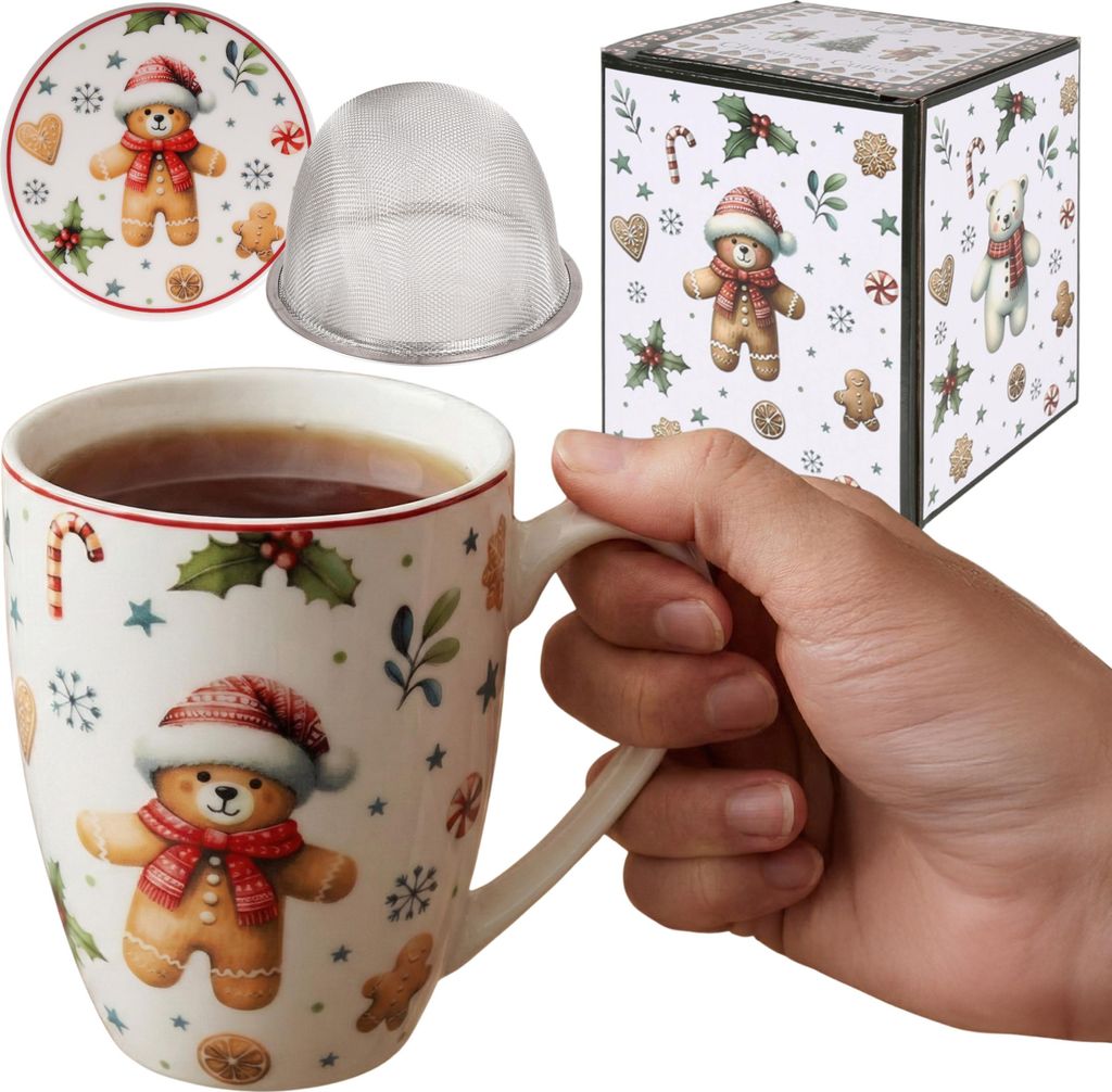 CHRISTMAS CUTIES Teeset – Porzellanbecher 360 ml mit Teesieb und Deckel, ideal für Kräutertee, perfektes Weihnachtsgeschenk