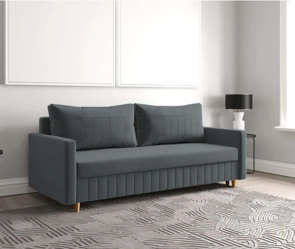 Schlafsofa MARO, Sofa mit Schlaffunktion und Bettkasten, Klappsofa, Schlafcouch mit Füßen aus Naturholz, Veloursstoff, Couch in Frabe: Dunkelgrau