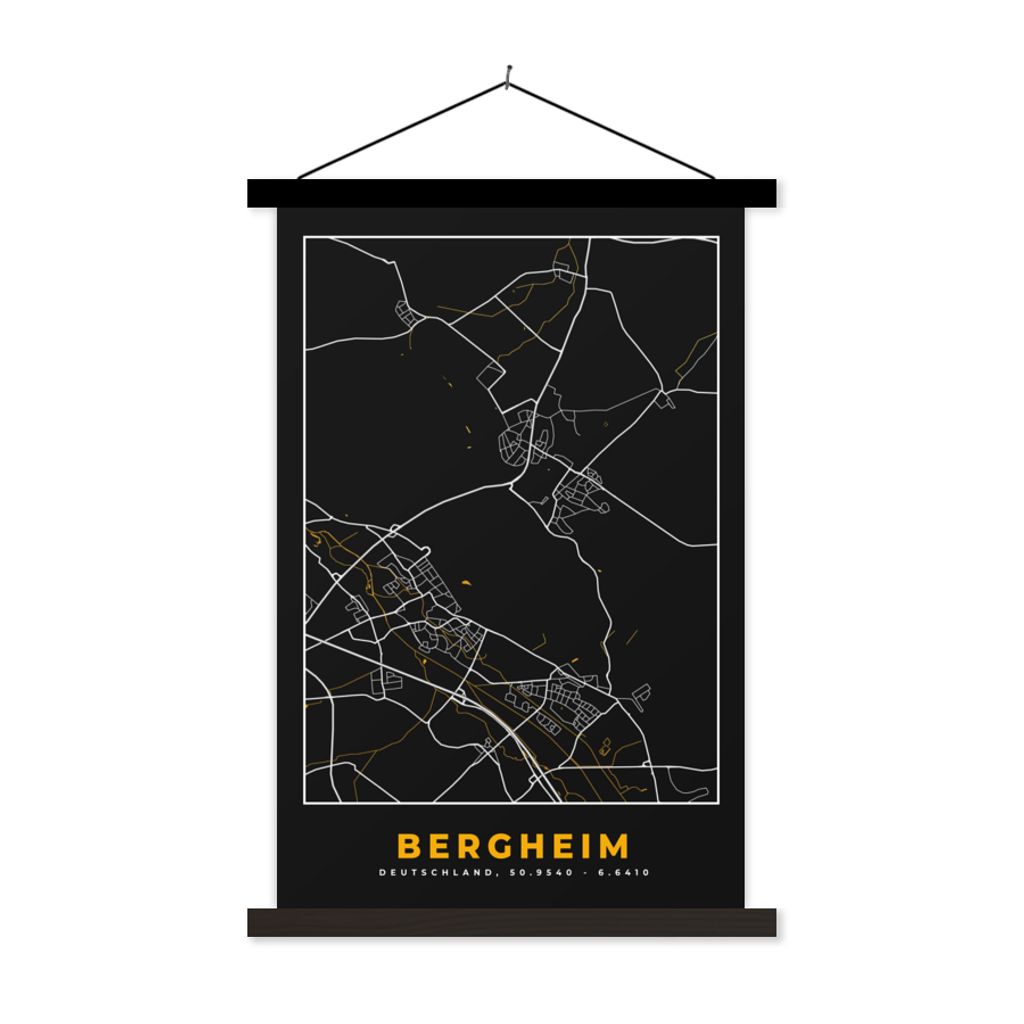 MuchoWow Textilposter Deutschland - Schwarz und Gold - Bergheim - Stadtplan - Karte 60x90 cm mit schwarzem Rahmen - Poster Wohnzimmer