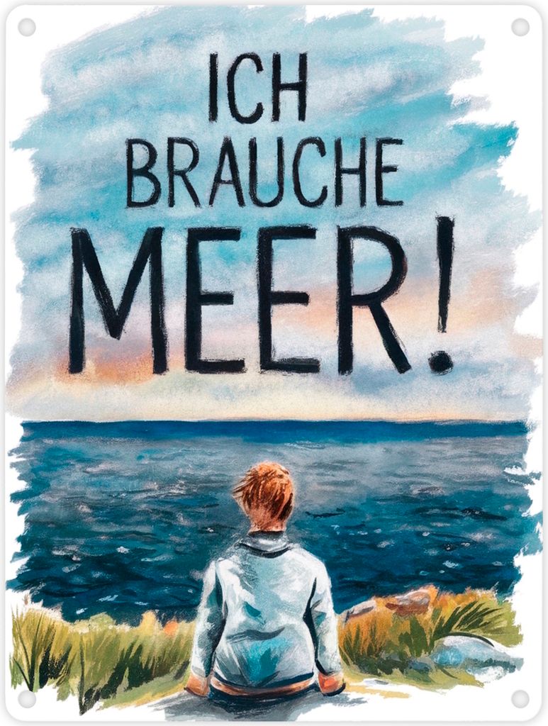 Person blickt aufs Meer Metallschild in 15x20 cm - Ich brauche Meer