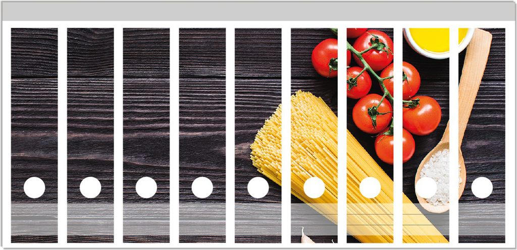 Wallario Ordnerrücken Sticker, selbstklebend für breite Ordner, 9 Stück, Motiv Italienisches Menü mit Spaghetti, Tomaten, Salz und Chilischoten