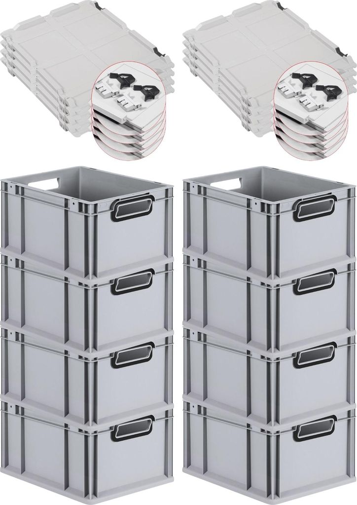 SuperSparSet 8x Eurobox NextGen Color mit Scharnierdeckel und Schiebeschnappverschlüssen | HxBxT 22x30x40cm | 20 Liter | Grau | Griffe schwarz off...