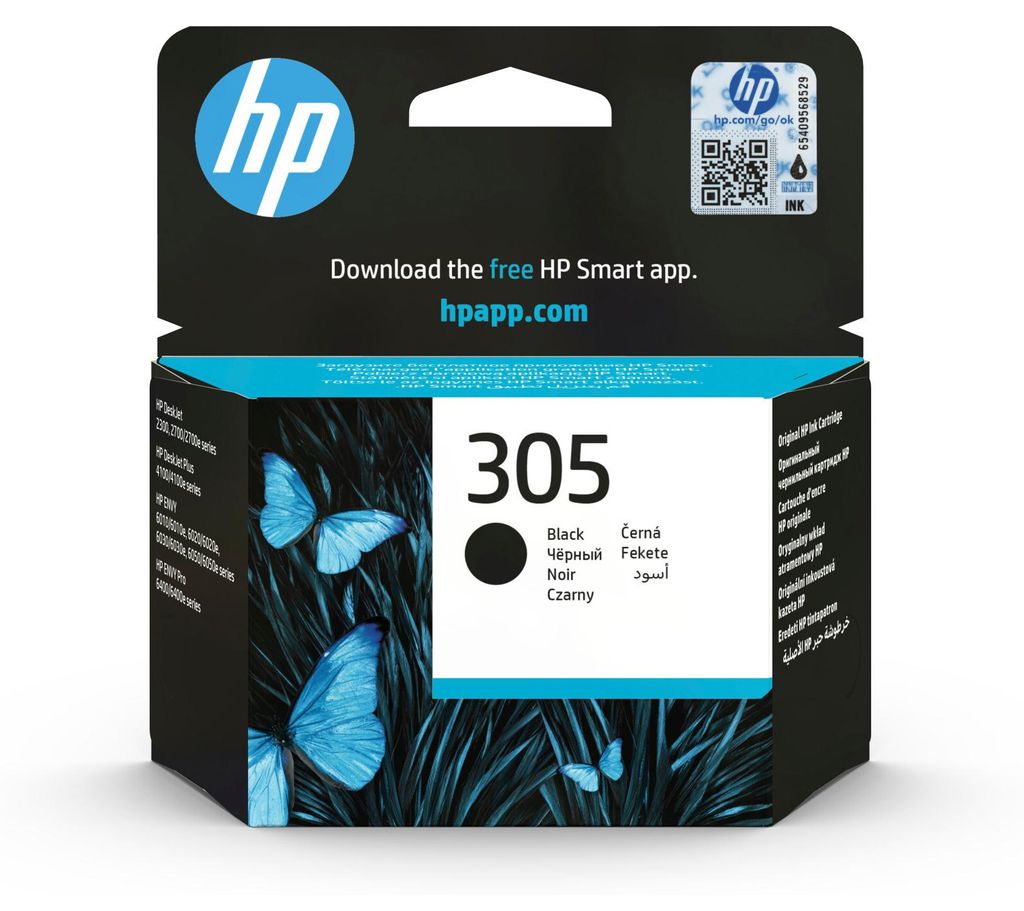 The image shows the packaging of an HP 305 black ink cartridge, featuring a dark background with blue butterflies and grass.