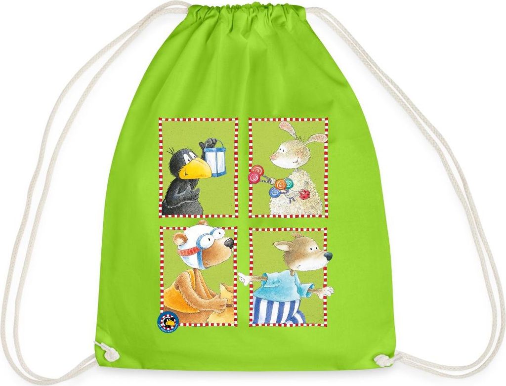 Spreadshirt Der kleine Rabe Socke mit Freunden Kachel Turnbeutel, One size, Neongrün