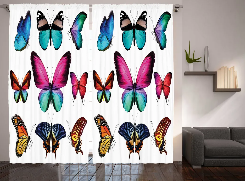 Rideau papillons multicolore 280x225 cm avec boucles et crochets inclus