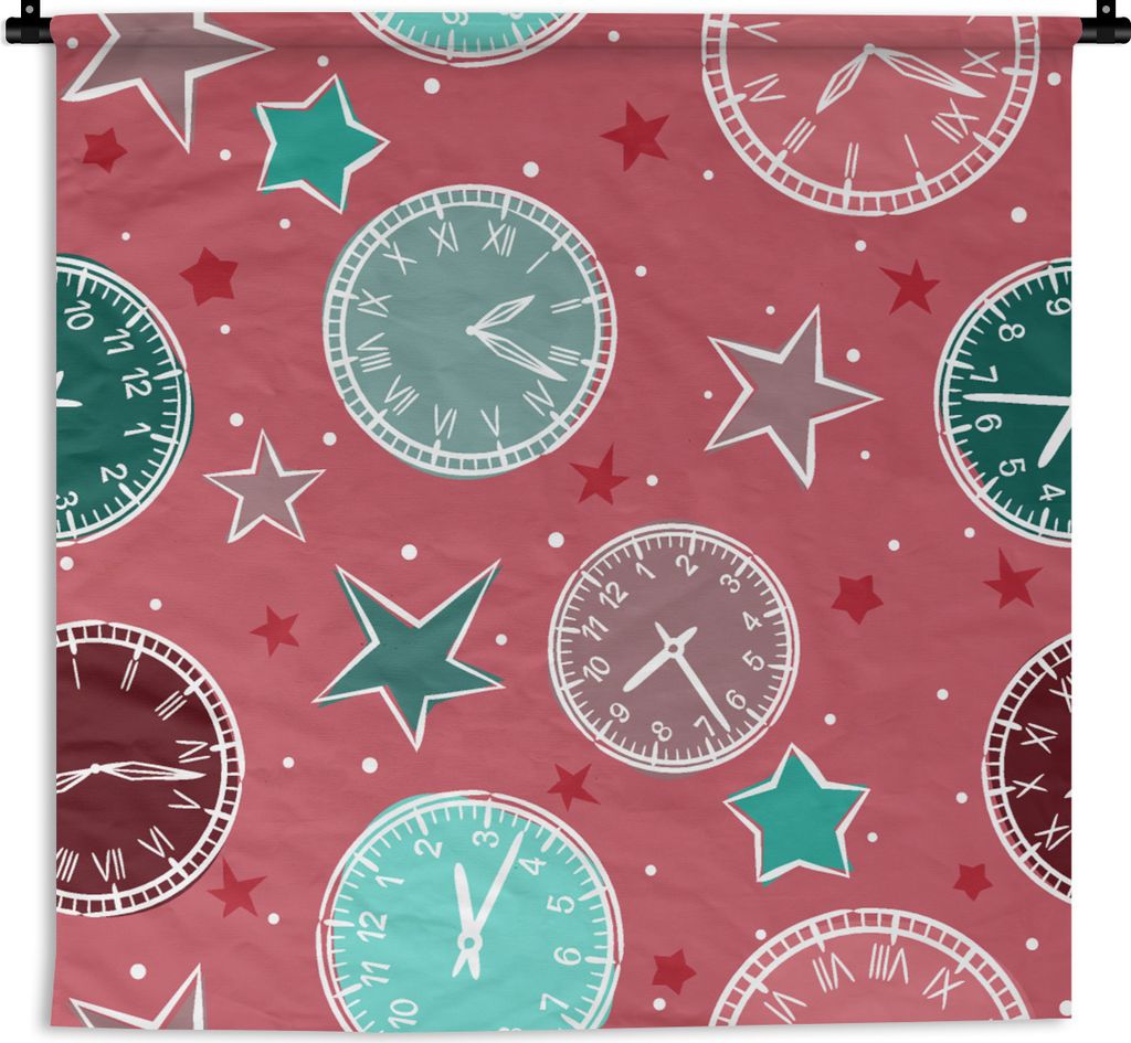 MuchoWow Wandteppich Wandbehang Uhr - Rosa - Muster - Sterne 90x90 cm Tapisserie Dekoration Wandtuch - Wandaufhänger