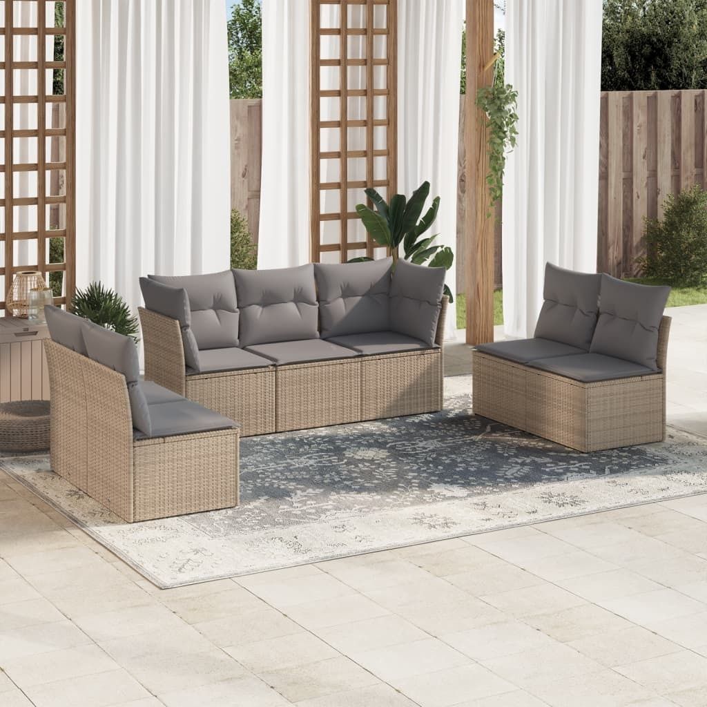 Schlichtes 7-tlg. Garten-Sofagarnitur,Lounge-Gartenmöbel, Gartensofa Set mit Kissen Beige Poly Rattan DE2969
