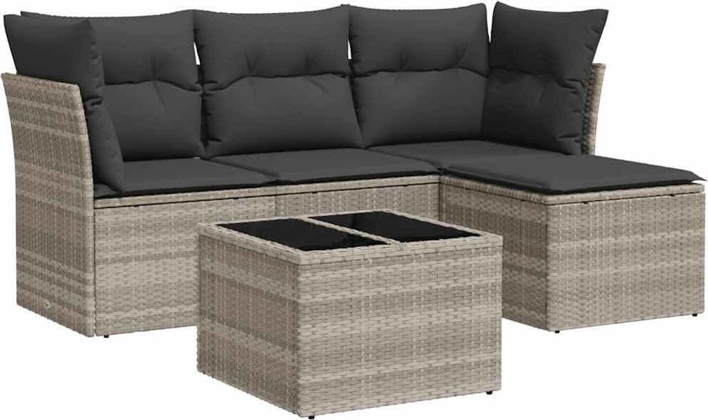 vidaXL 5-tlg. Garten-Sofagarnitur mit Kissen Hellgrau Poly Rattan