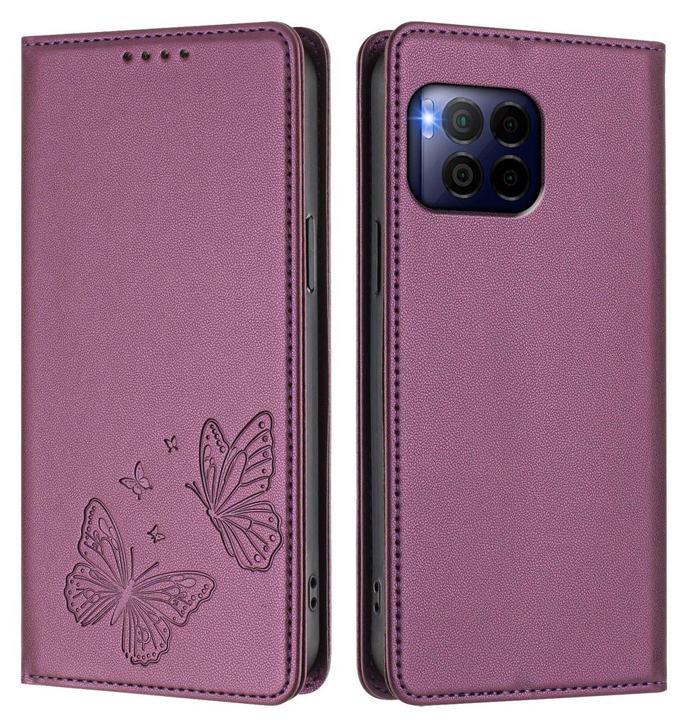 Lederhülle für T-Mobile REVVL 7 Pro, Schmetterling Prägung Leder Brieftasche Schutzhülle mit Ständer Lila