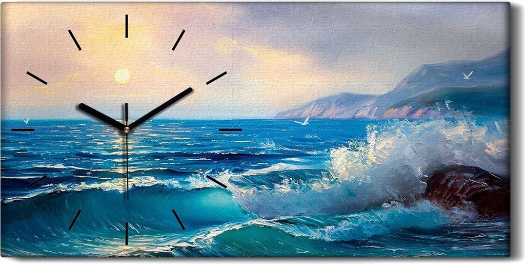Wandbild Leinwand Bilder mit Uhr Quarz 60x30 Seelandschaft Malerei Meereswelle - schwarze Hände