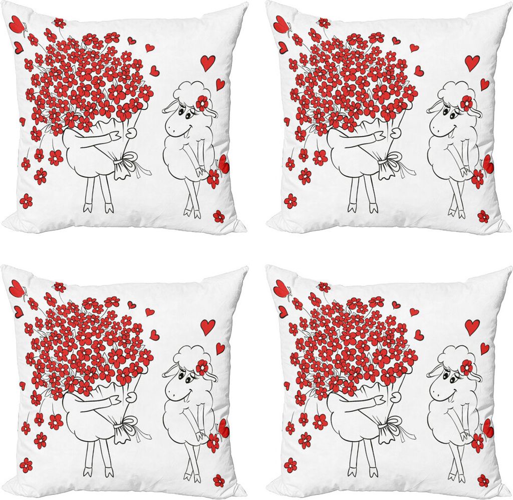 ABAKUHAUS Valentine Kissenbezug Set (4 Stück), Liebhaber Ziegen Herzen, Moderner Doppelseitiger Digitaldruck, 50 cm x 50 cm, rot-Weiss