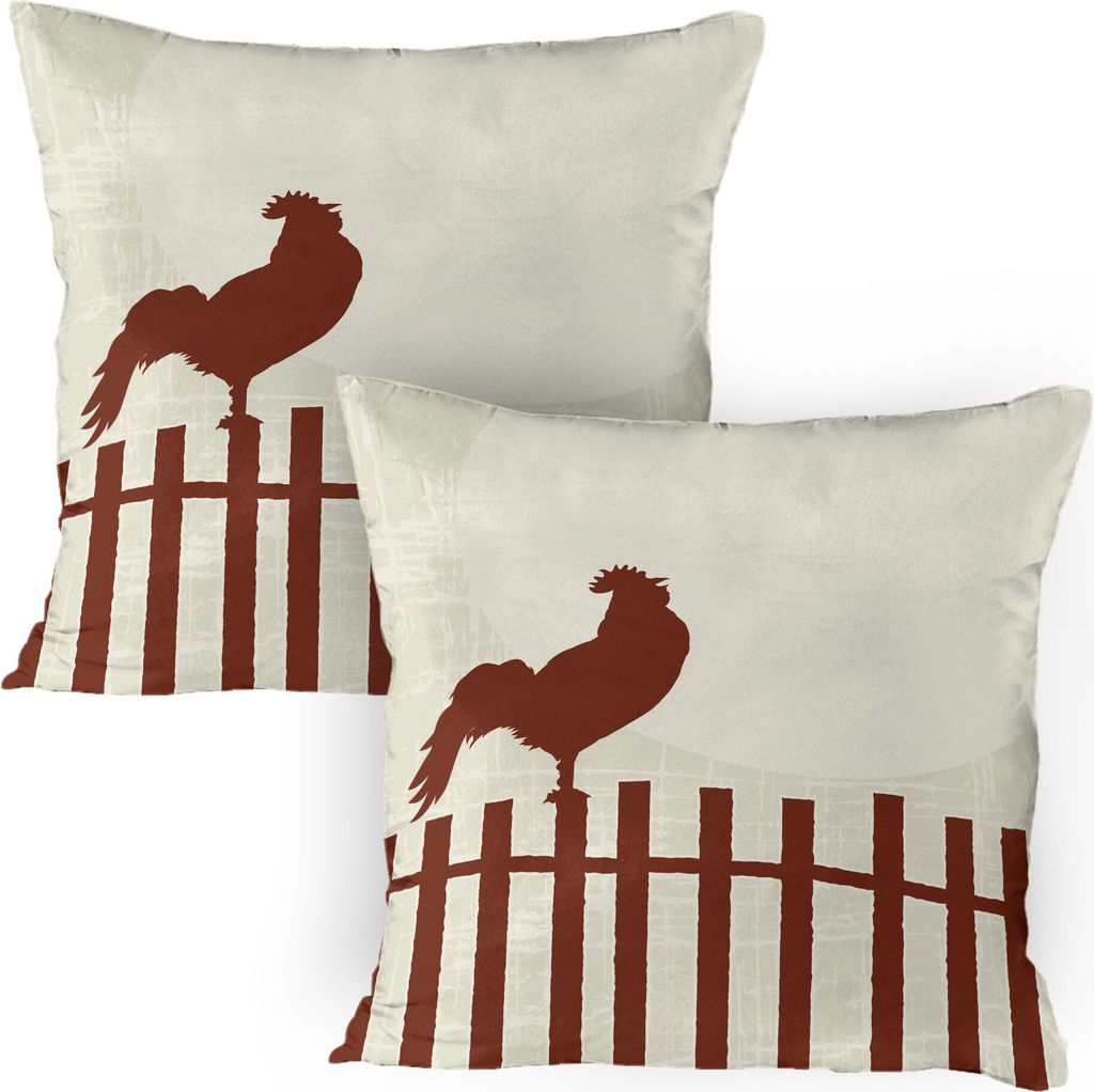 ABAKUHAUS Zaun Kissenbezug Packung mit 2, Retro-Stil Silhouette des Hahns auf Zaun Sonnenaufgang Pastell Grunge Grafik, Dekorativer Gedruckter Kiss...