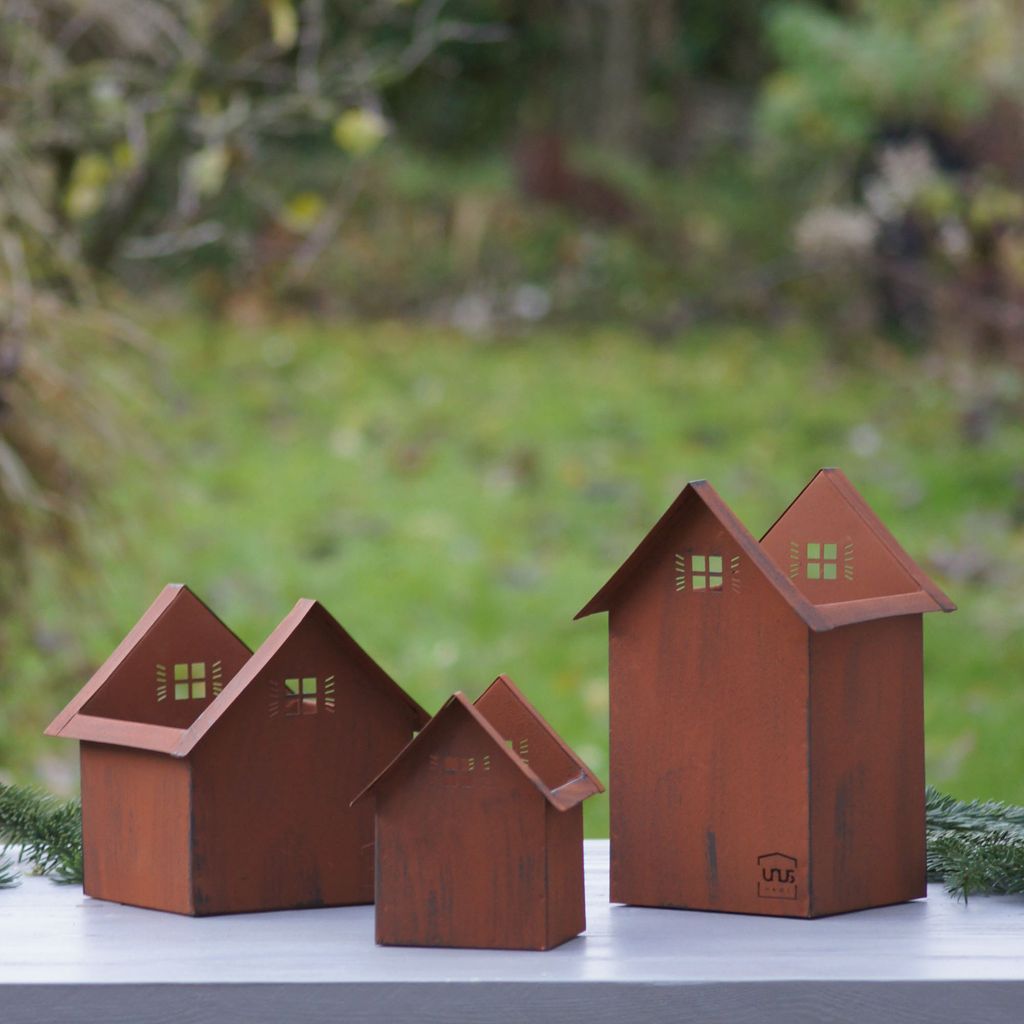 UNUS Garden Set Di 3 Decorazioni Da Giardino, Casette In Metallo Effetto Ruggine Nero, Con Spina, Per Esterno, Terrazza, Balcone, Vasi, H 40/27/17 Cm