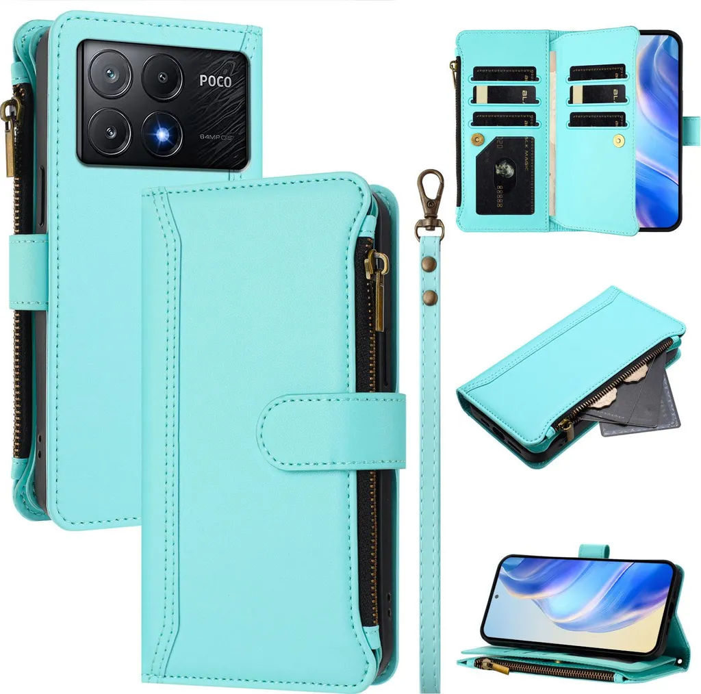 Cover Portafoglio Poco X6 Pro Redmi K70E Verde Menta con Zip e Supporto