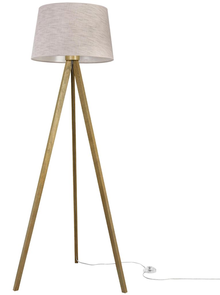 Stehlampe Dreifuß Eiche mit Kegelschirm Leinen Hellbeige Produktbild 