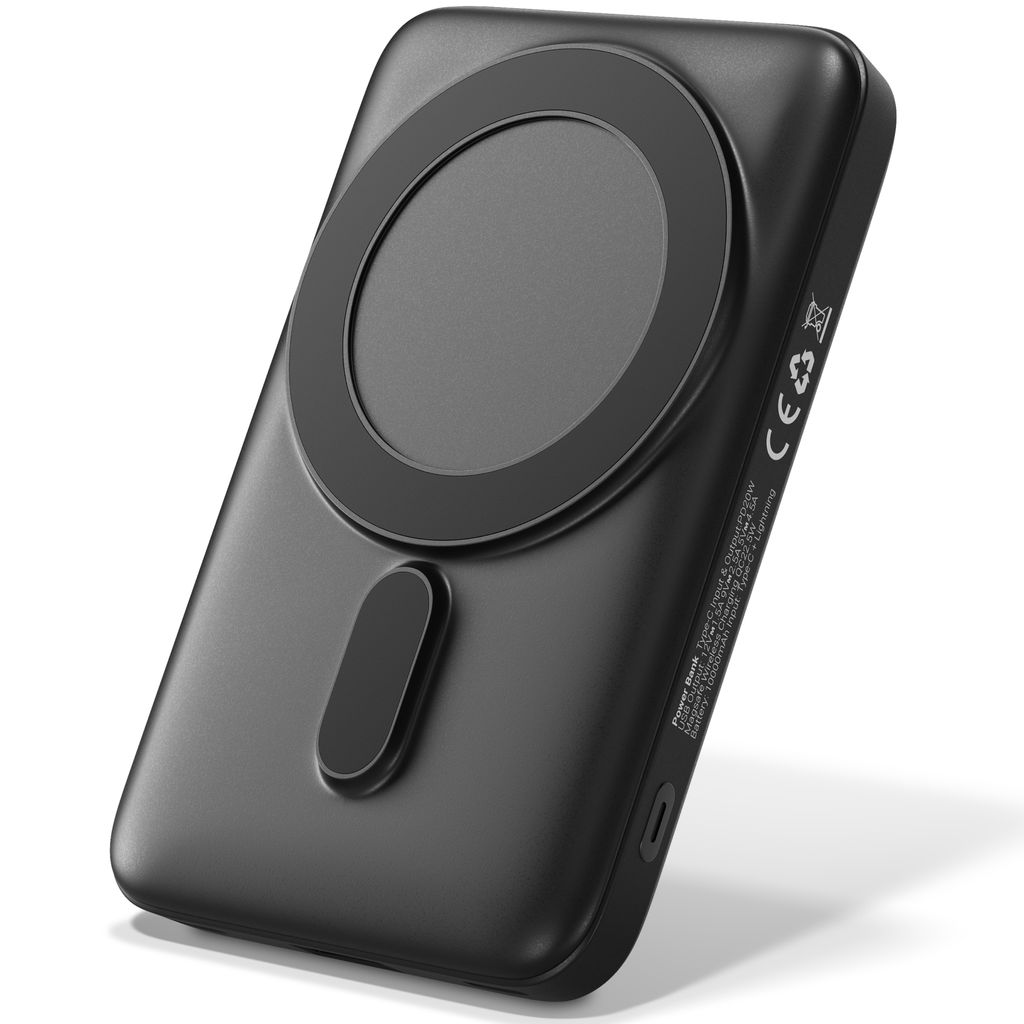 Powerbank 10.000 mAh USB-C Schwarz – Magnetische Wireless Powerbank 20 W, QC 22,5 W & PD 20 W, integrierter Type-C Eingang, LED-Batterieanzeige
