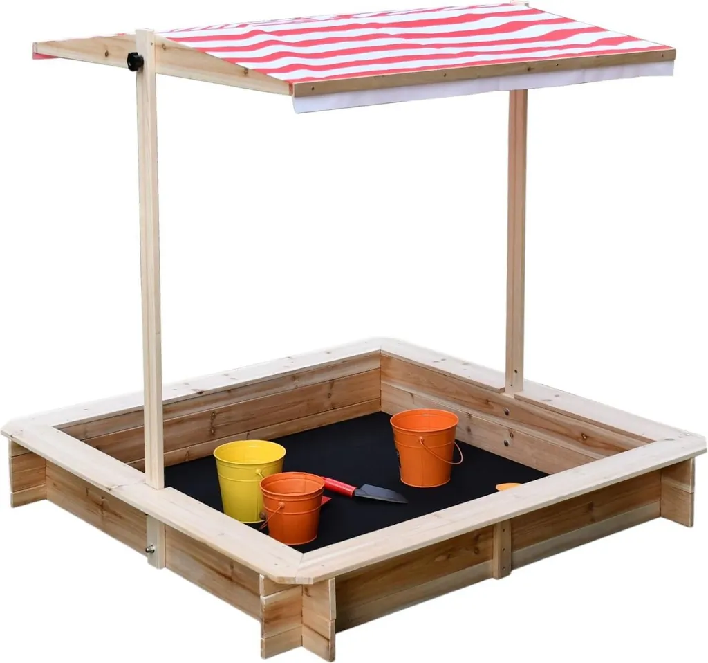 Sabbiera per bambini con tetto protezione UV 117x117cm in legno per giardino GINGER HOME