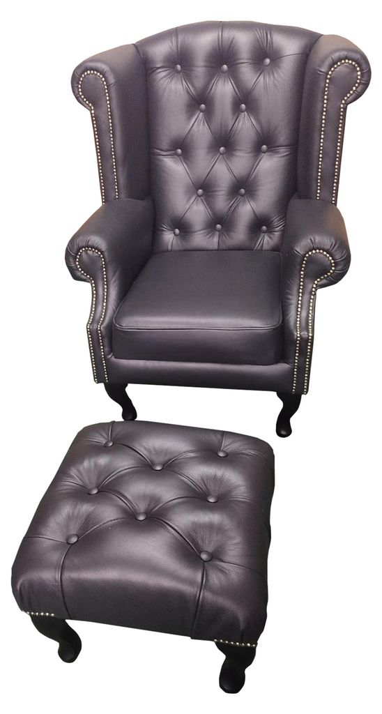 Luxus Ohrensessel und Hocker Chesterfield Sessel Leder Schwarz Modern