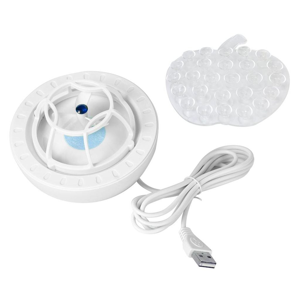 A white, circular ultrasonic dishwasher cleaner with a blue center and a white USB cable is shown on a white background. A clear, apple-shaped accessory with suction cups is also present.