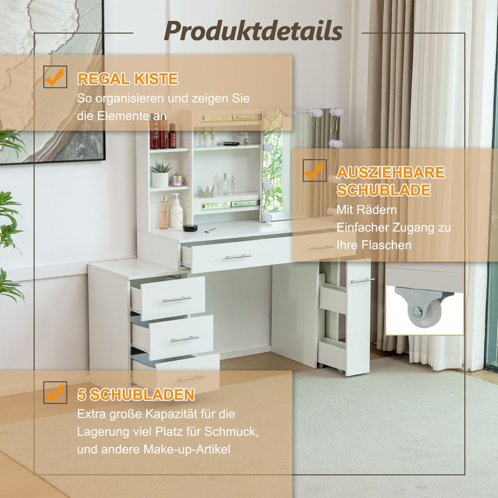 Hommdiy Schminktisch Mit LED Beleuchtung - 6 Schubladen 4 Türen Mit Hocker