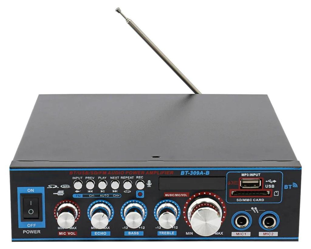 Bluetooth Auto und Heim HiFi Karaoke-Verstärker - Stereo Receiver - 2x300W Peak 2x30W RMS - 2 Kanäle 2 Mikrofoneingänge - USB SD MP3 FM - 12V 5A...