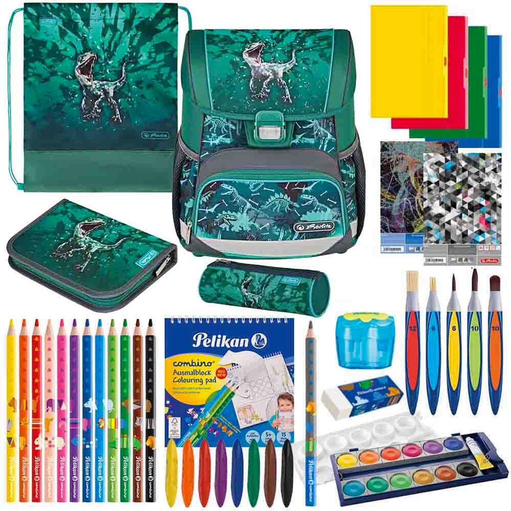 Herlitz Schulranzen Set Loop Plus Green T-Rex 14-teilig gefüllt