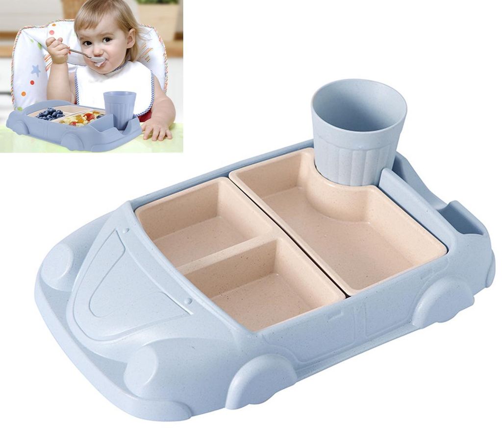 Baby-Teller Autoform – Geteilter Essens-Teller mit Trinkbecherhalter, BPA-frei, Aus Lebensmittelechtem Bambusfaser für Kinder, Blau, 30,6x19x5cm