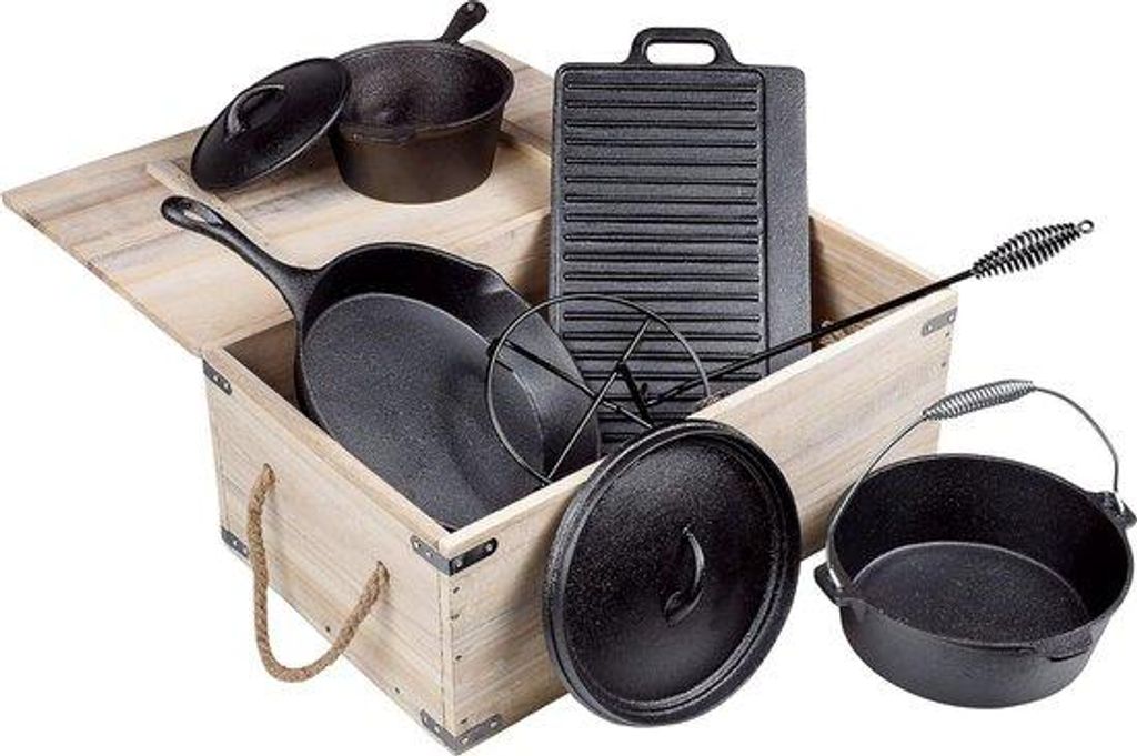 Kochset aus Edelstahl, 9-teilig, in Holzkoffer, Grill- und Bratpfannen-Kit