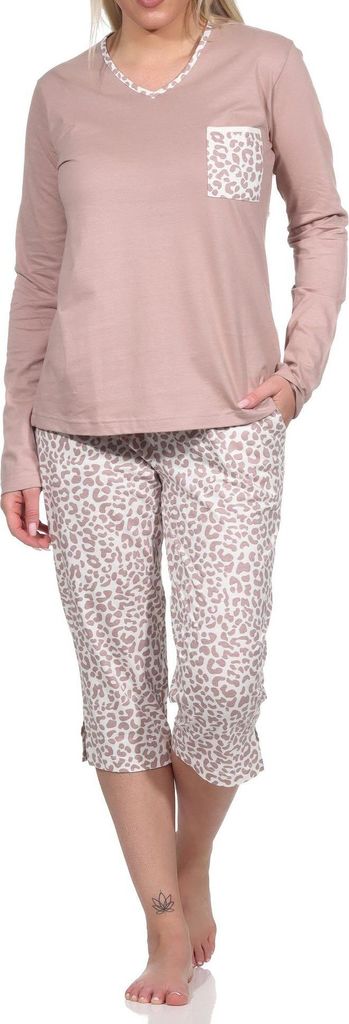 Lässiger Damen Pyjama kurzarm Schlafanzug mit Caprihose in Leo-Print Optik ; braun , 36
