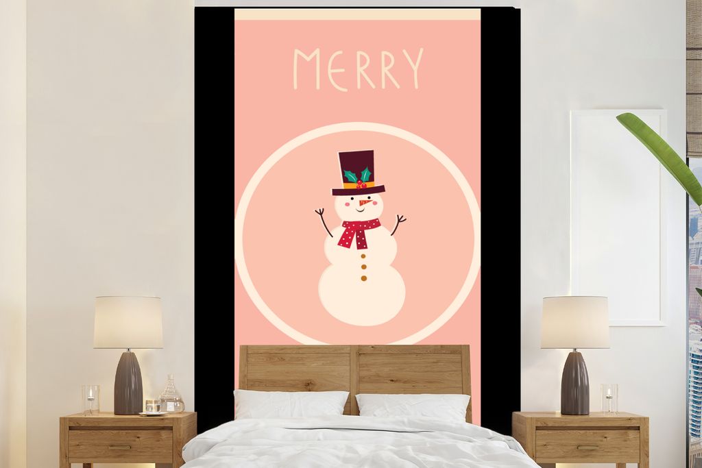 MuchoWow Fototapete für Wohnzimmer oder Schlafzimmer Wandtapete Vinyl Motivtapete Schneemann - Zitate - Weihnachten - Frohe Weihnachten - Rosa -...
