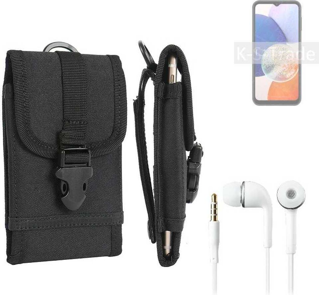 K-S-Trade Holster Schutz Hülle kompatibel mit Samsung Galaxy A14 5G Gürteltasche Handy Hülle Tasche outdoor Seitentasche schwarz 1x + Kopfhörer