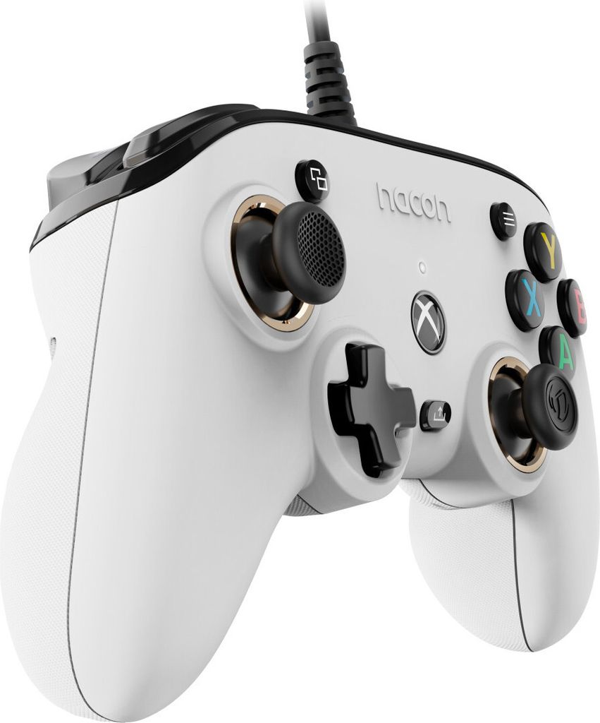 A white NACON Xbox Compact Controller PRO is shown from a diagonal angle against a white background.