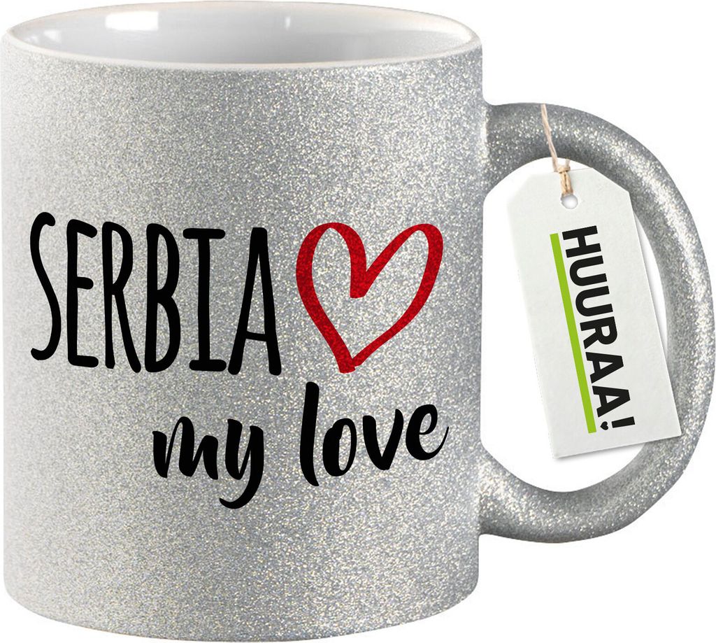 Huuraa Glitzertasse Serbia my love 330ml Silber Keramik Kaffeebecher Geschenkidee