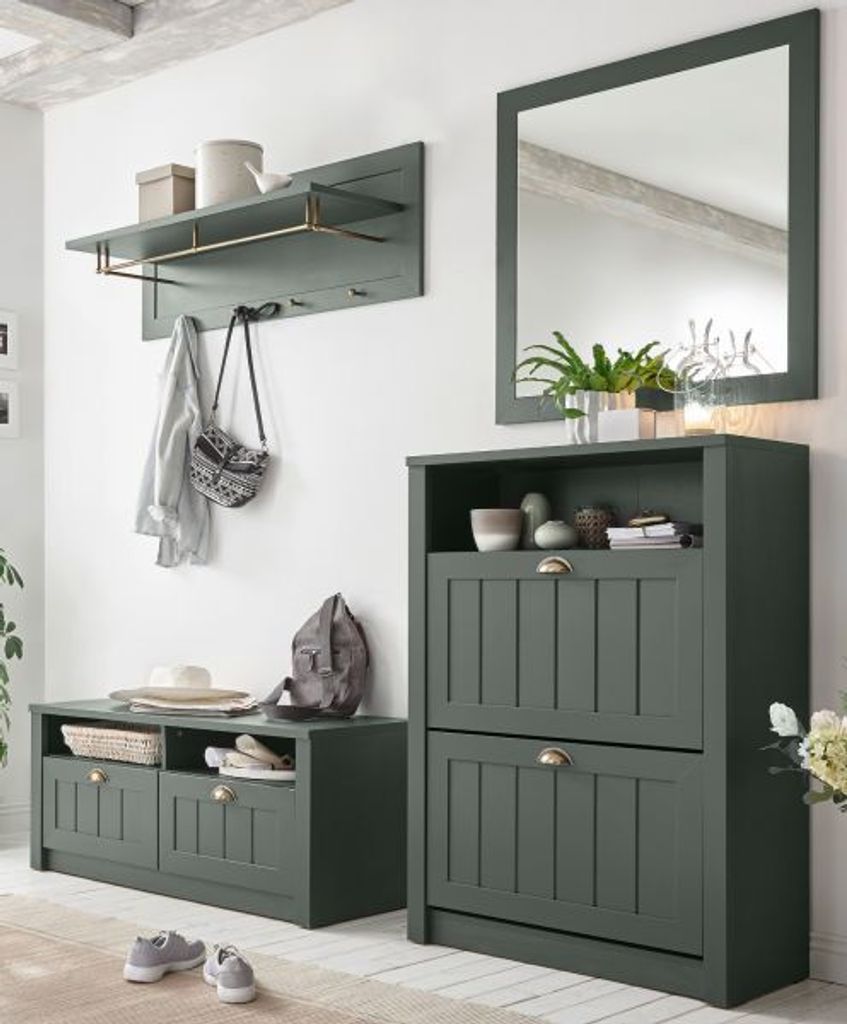 Garderobe Set Forres 4-teilig mit Bank und Schuhschrank Landhaus grün 212 cm