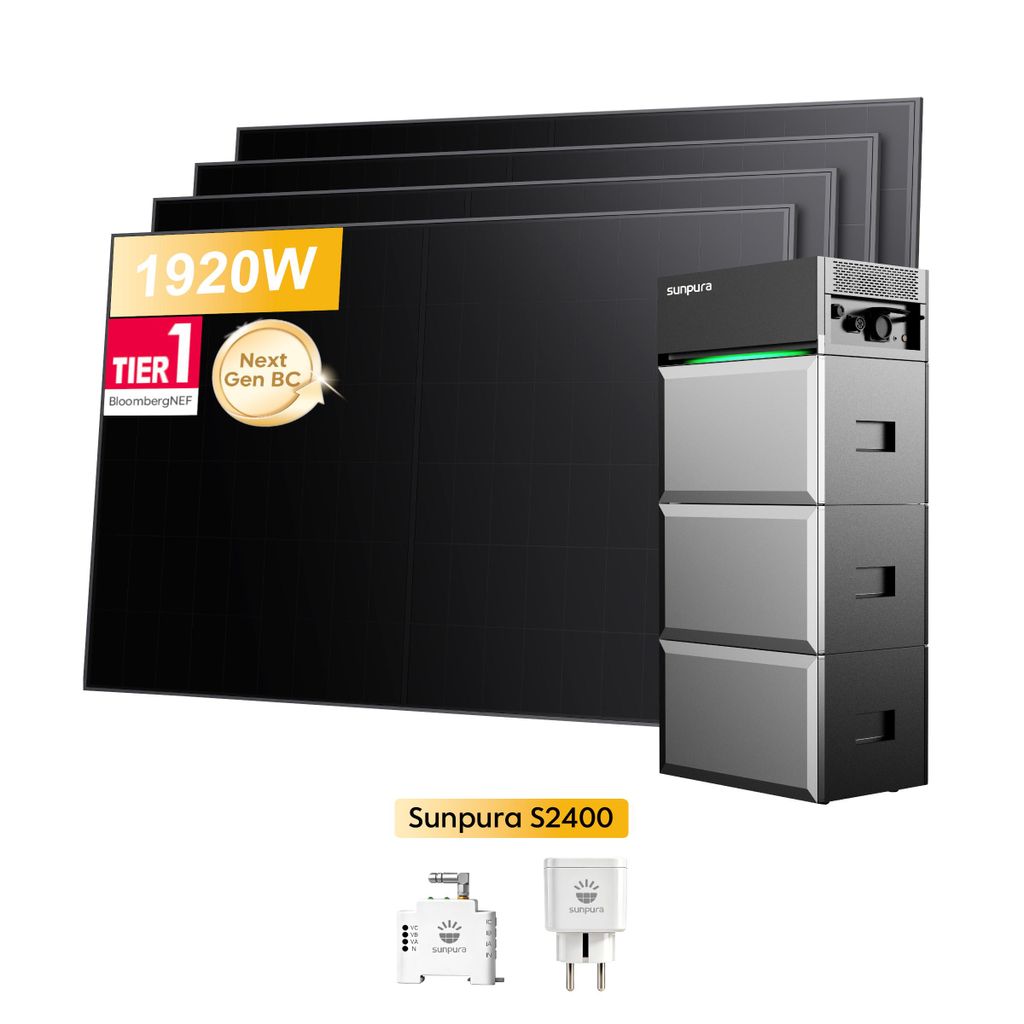 Balkonkraftwerk mit Speicher, Sunpura S2400 All-in-One Speicher mit 3x B2400 Erweiterungsakku & Sunpro 1920W Solarmodule, Smarter Zähler + Smart Plug