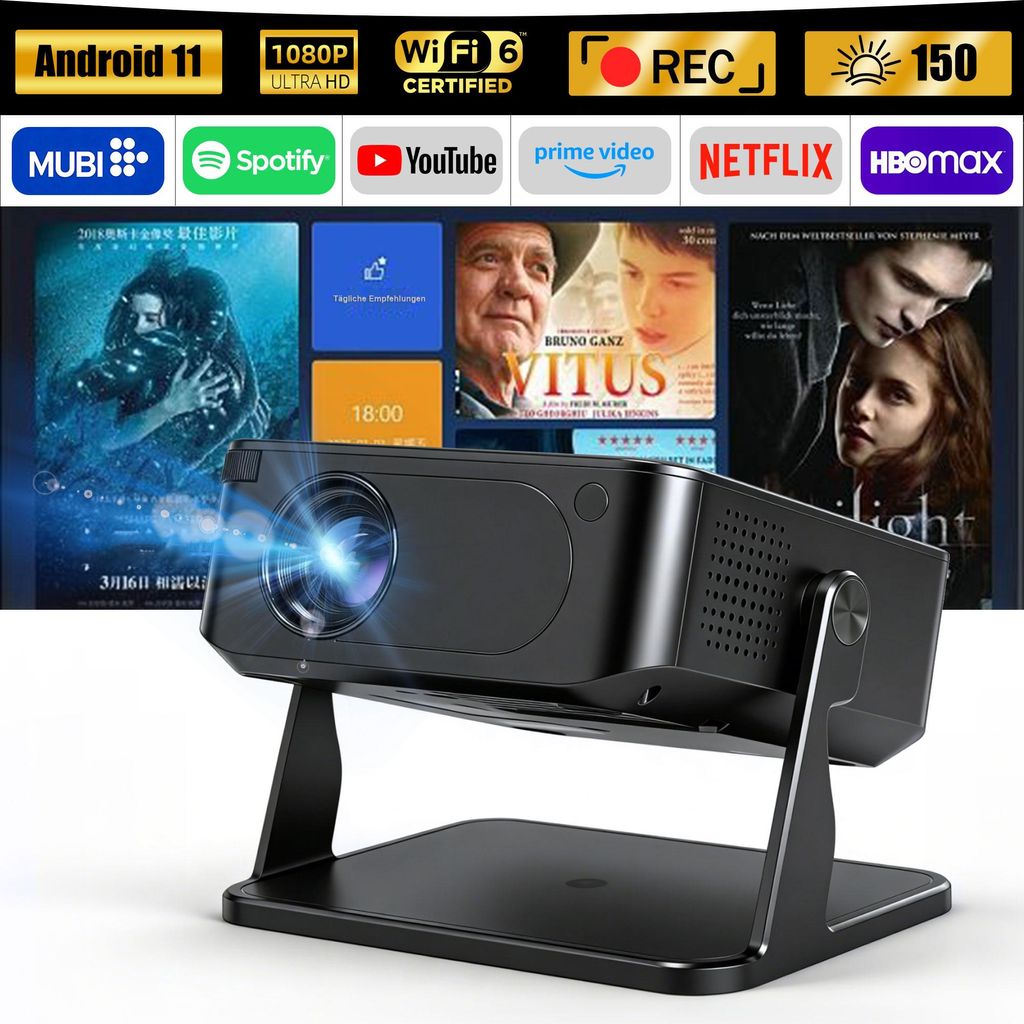 Mini Beamer Android Beamer WiFi 6 &BT 5.0 Portabler Projektor LCD-Beamer (10000:1, 1280x720P px, Full HD Beamer mit WiFi 6,Android 11.0