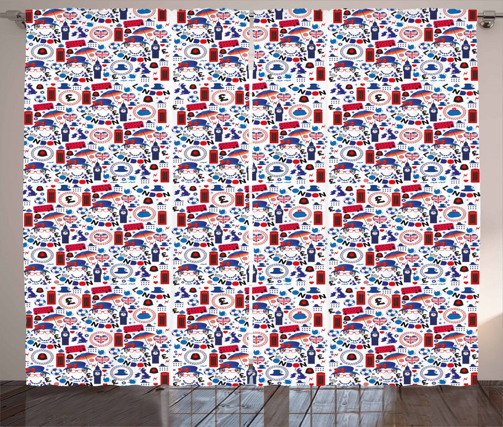 ABAKUHAUS London Rustikaler Vorhang, Reisethema Symbole, Wohnzimmer Universalband Gardinen mit Schlaufen und Haken, 280 x 225 cm, Mehrfarbig