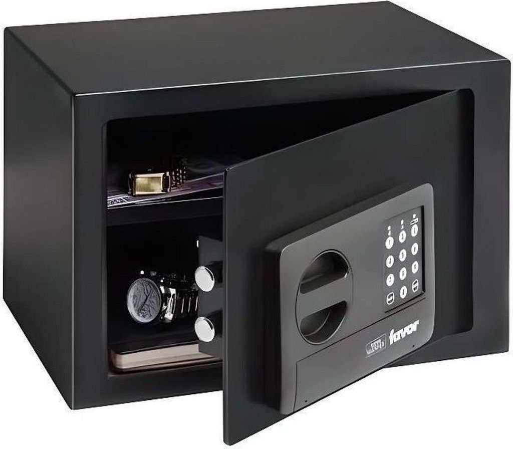 A black safe with its door open, revealing two watches and some papers inside. The safe has a digital keypad on the door.