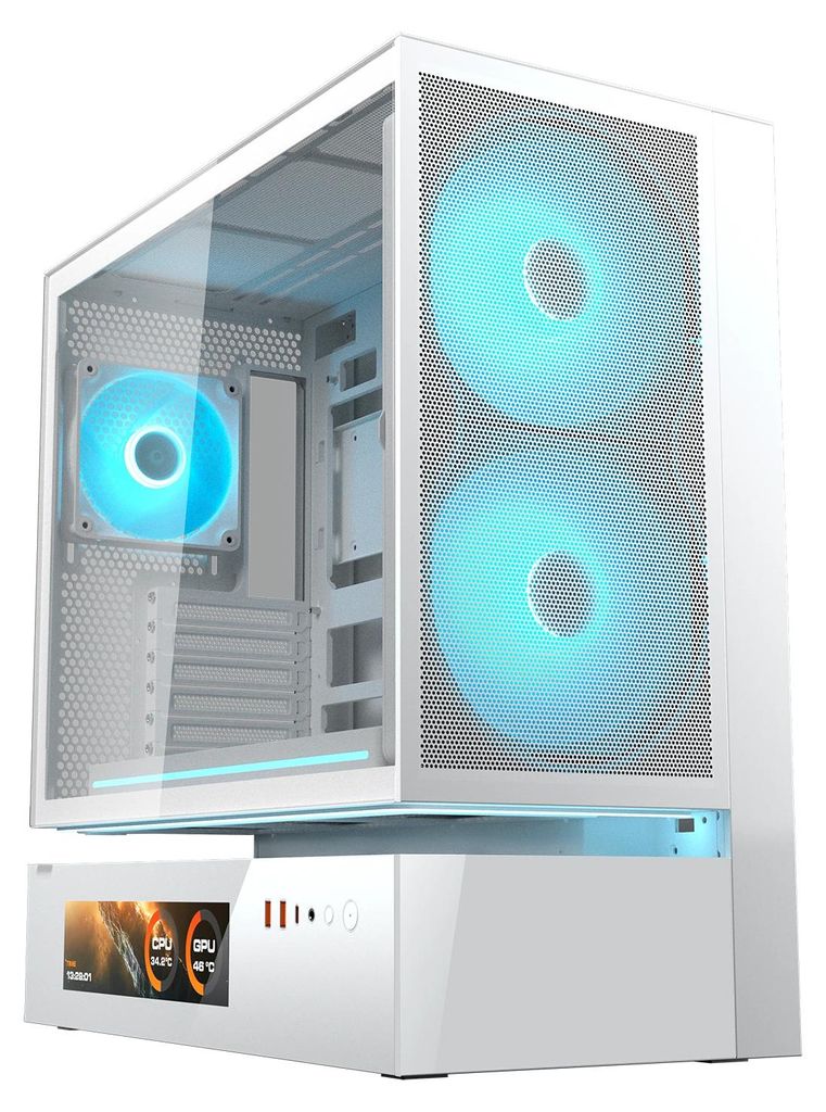 COUGAR Gehäuse Midi-Tower, CFV235 Vision, ARGB, LCD-Display, Mesh, Weiß, Midi Tower, PC, Weiß, ATX, CEB, micro ATX, Mini-ITX, Glas, Gaming