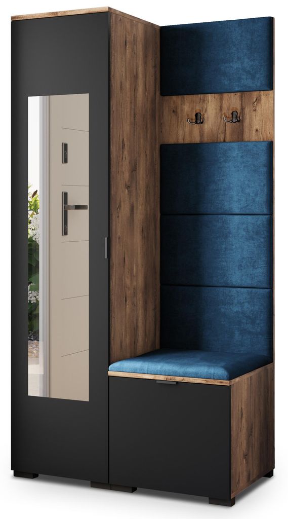Masseno Garderobe-Set VIRA 95/181/51 cm Modern Garderobenschrank Eiche Lefkas, Veloursstoff MONOLITH 77 (Blau)