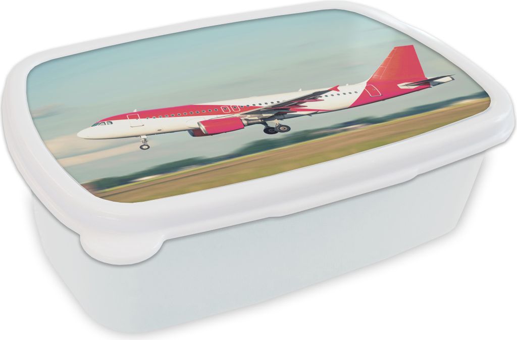 KitchenYeah Lunchbox Brotzeit Brotdose 17x11 cm Rotes und weißes Flugzeug in Schiphol Kinder Brotzeitdose - Lunch Box - Kinder - Sandwich-Box - ...