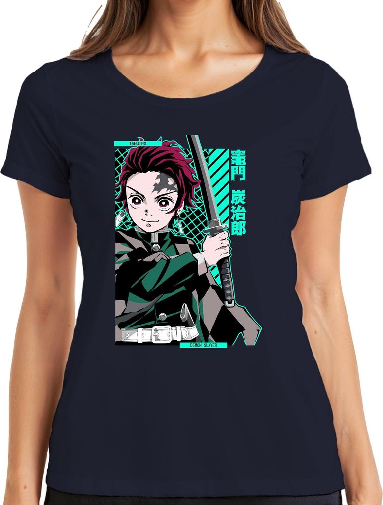 Tanjiro Demon Slayer Kamado Schwert Anime Manga Geschenk Cosplay Damen T-Shirt, Navy, XL