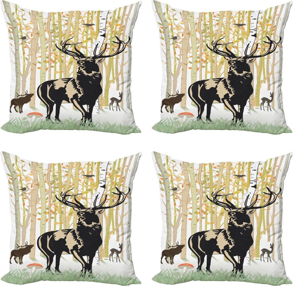 ABAKUHAUS Geweih Kissenbezug Set (4 Stück), Herbst-Wald Wildtier, Moderner Doppelseitiger Digitaldruck, 45 cm x 45 cm, grün orange