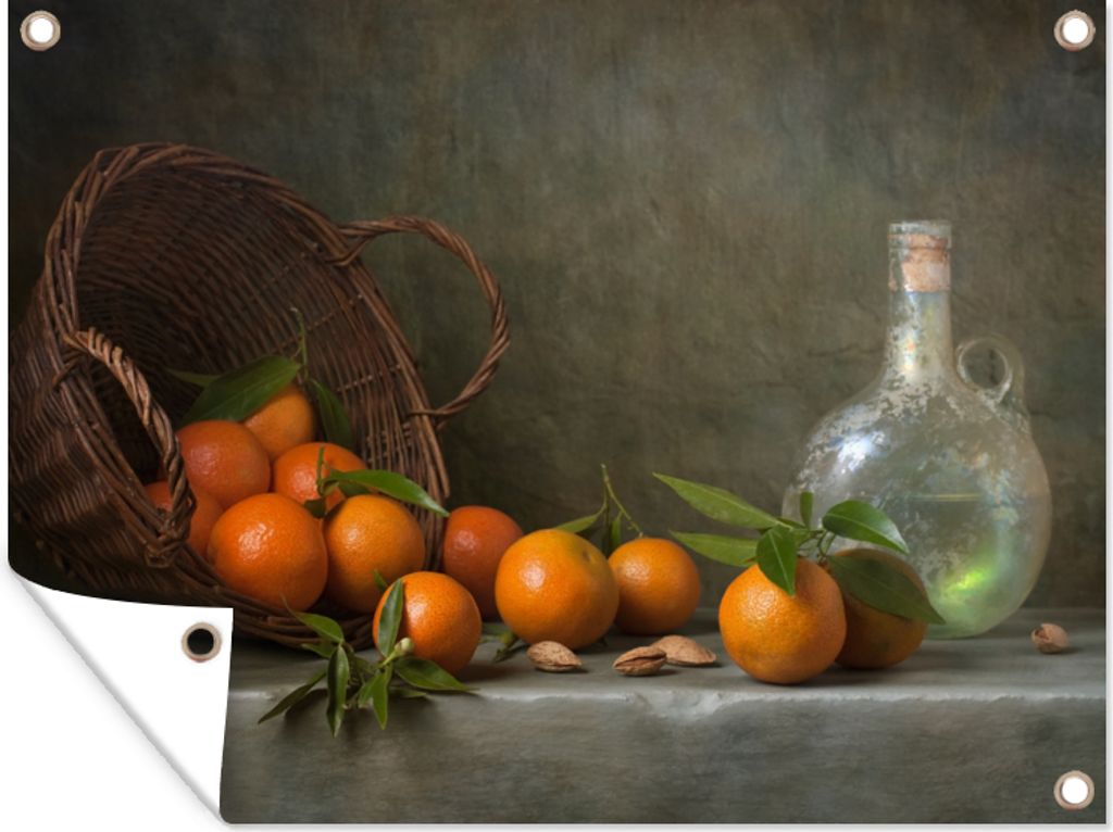 MuchoWow 40x30 cm Outdoor-Poster Gartendeko Sichtschutz Garten Poster für den Garten Stilleben - Mandarine - Flasche